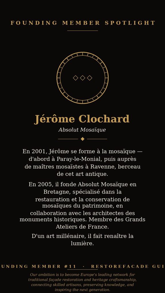 Jérôme Clochard, membre fondateur de la Restorefacade Guild, maître mosaïste à Absolut Mosaïque, Plougonvelin, Bretagne