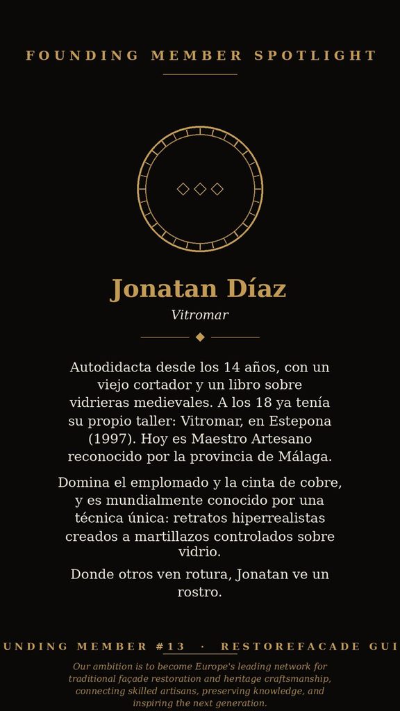 Jonatan Díaz, miembro fundador de la Restorefacade Guild, maestro vidriero de Vitromar, Estepona, Málaga