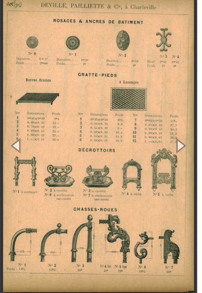 Page from the Deville, Pailliette & Cie catalogue, Charleville, showing cast-iron building parts: rosettes and wall anchors, boot-scraper grates, five numbered décrottoir (boot scraper) models, and wheel guards, each with its number, dimensions and weight.